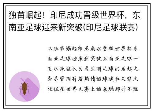 独苗崛起！印尼成功晋级世界杯，东南亚足球迎来新突破(印尼足球联赛)