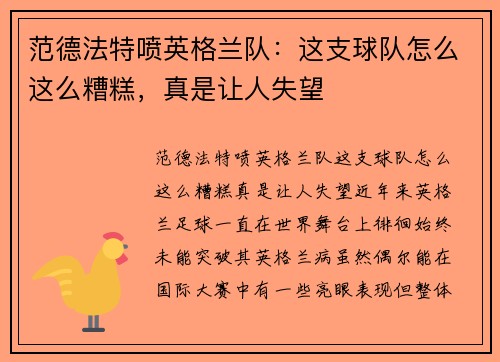 范德法特喷英格兰队：这支球队怎么这么糟糕，真是让人失望